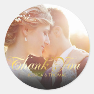 Personalised Photo Gold Script Thank You Classic Round Sticker