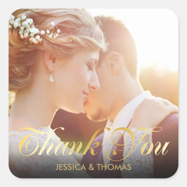 Personalised Photo Gold Script Thank You Square Sticker | Zazzle