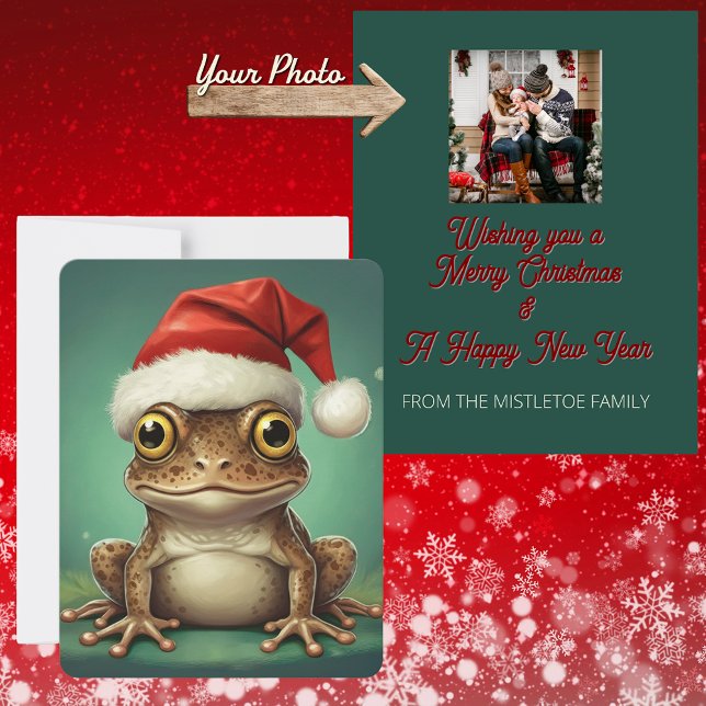 Personalised Photo | Whimsical Brown Frog Christma Holiday Card (festive photo Christmas card, brown frog classic Santa Hat. Personalised family photo holiday card)