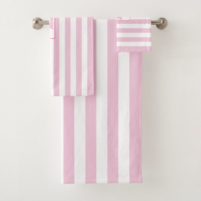 Personalised Pink and White Striped Bath Towel Set (Insitu)