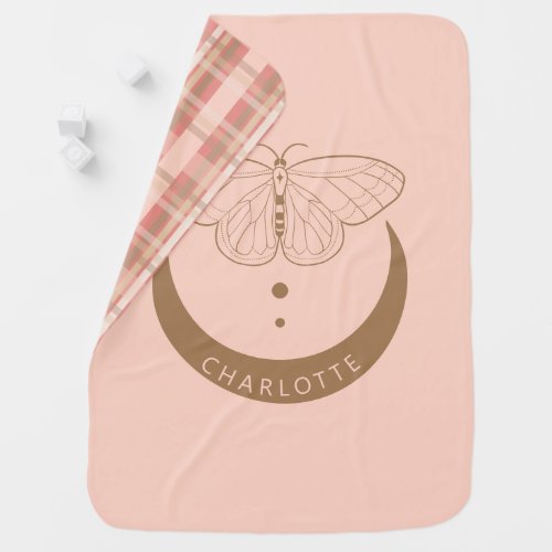 Personalised Pink Boho Moon Butterfly Plaid Baby Blanket