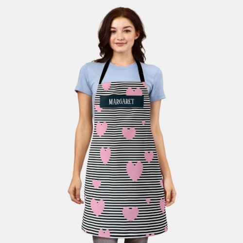 Personalised pink hearts and stripes apron