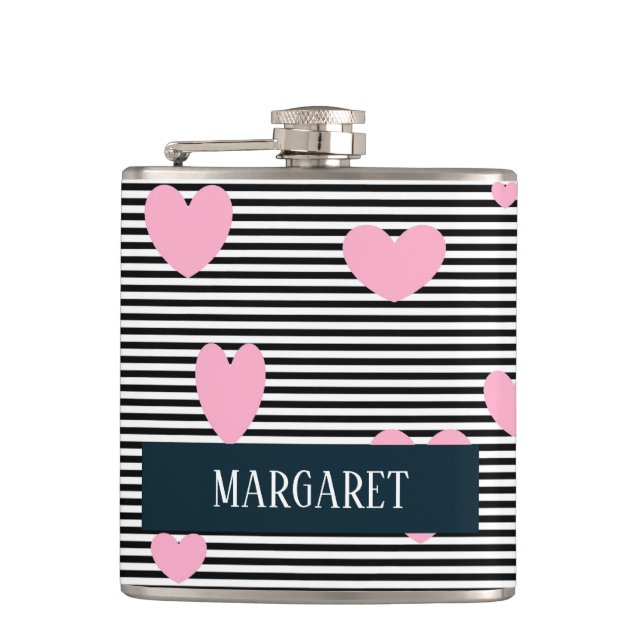 Personalised pink hearts and stripes flask (Front)