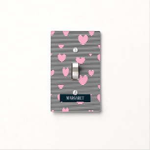 Personalised pink hearts and stripes light switch cover