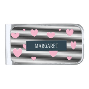 Personalised pink hearts and stripes silver finish money clip