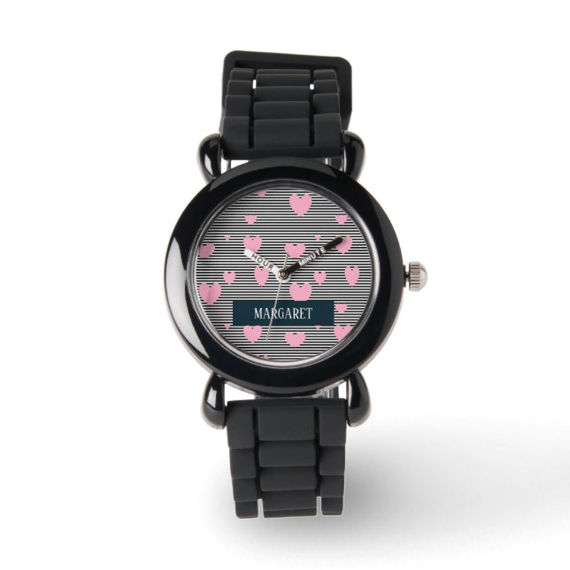 Personalised pink hearts and stripes watch (Front)