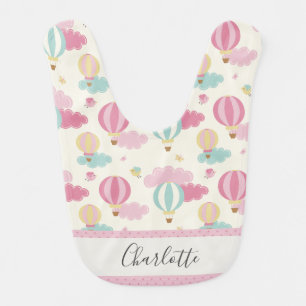 Personalised pink patterned hot air balloons baby bib