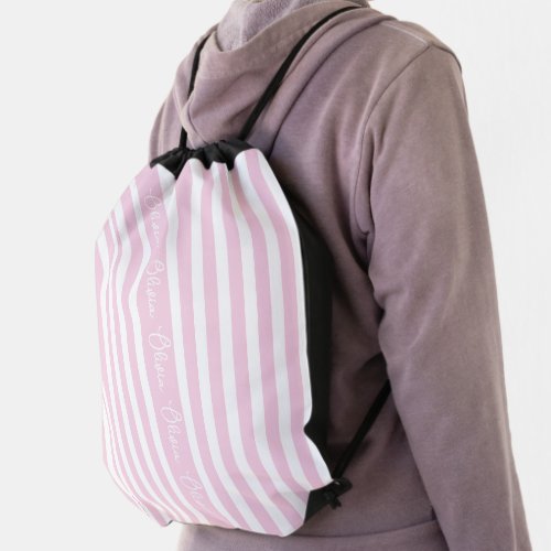 Personalised Pink Stripe Custom Initials Modern Drawstring Bag
