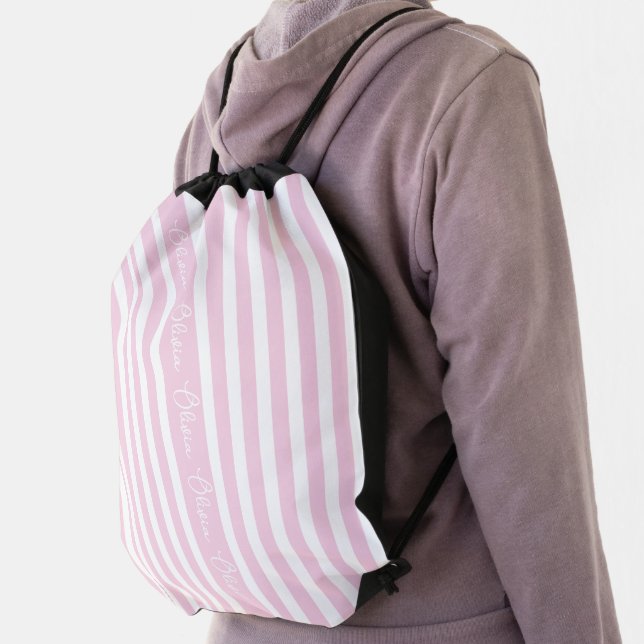 Personalised Pink Stripe Custom Initials Modern Drawstring Bag (Insitu)