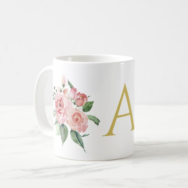Personalised pink watercolour roses coffee mug (Front Left)