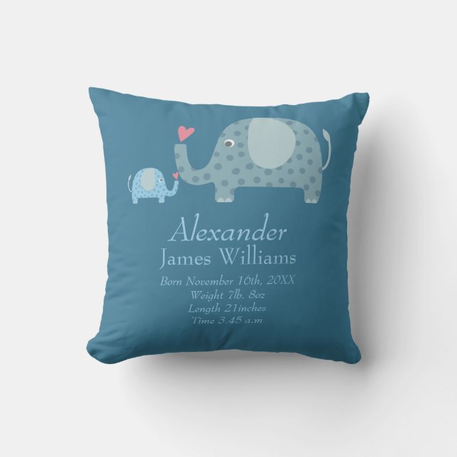 Personalised Polka Dot Elephants Baby Birth Stats Throw Pillow (Front)