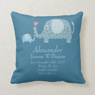 Personalised Polka Dot Elephants Baby Birth Stats Throw Pillow