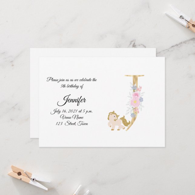 Personalised pony girly monogram  invitation (Front/Back In Situ)