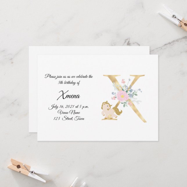 Personalised pony girly monogram  invitation (Front/Back In Situ)