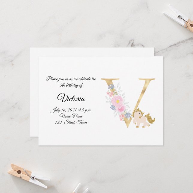 Personalised pony girly monogram  invitation (Front/Back In Situ)