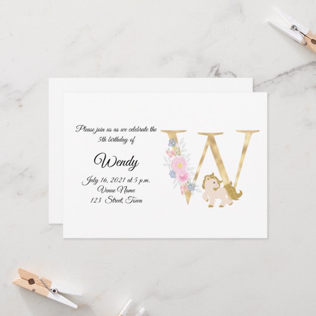 Personalised pony girly monogram  invitation (Front/Back In Situ)