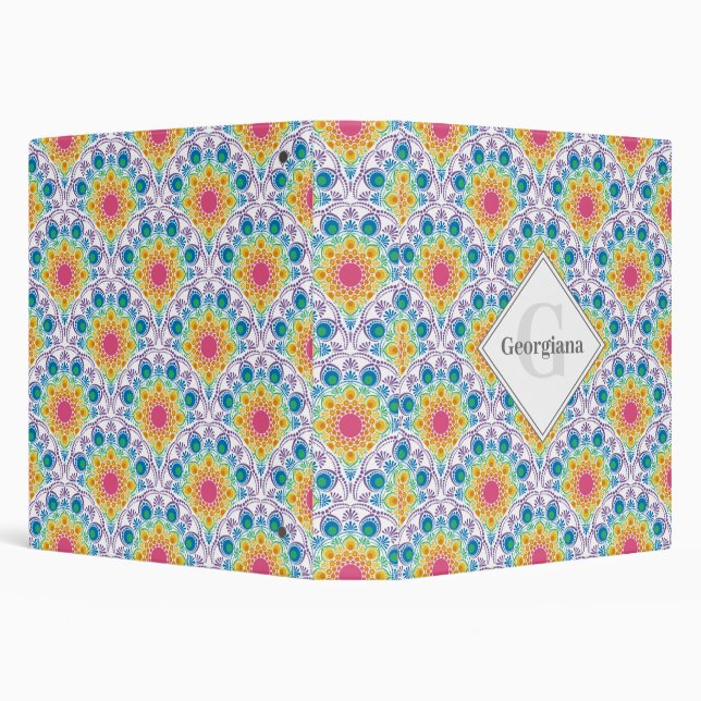 Personalised Rainbow Floral Fountain Art Deco 3 Ring Binder (Background)