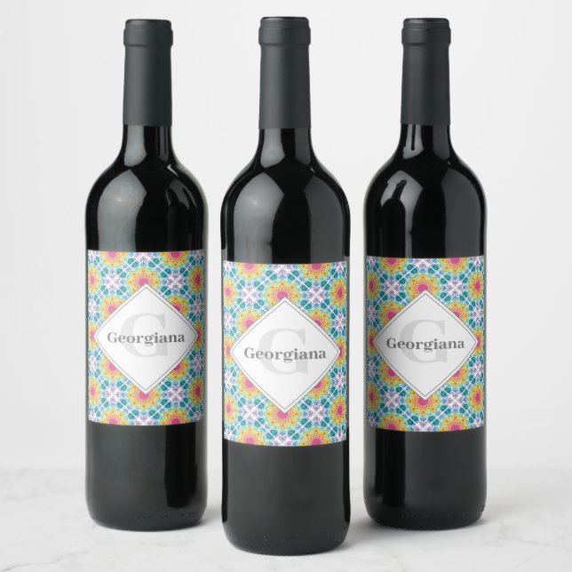 Personalised Rainbow Floral Mandala Diamond Tile Wine Label (Bottles)