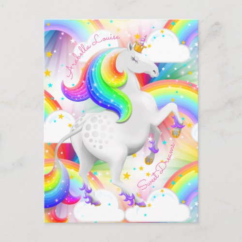 Personalised Rainbow Princess Unicorn Postcard