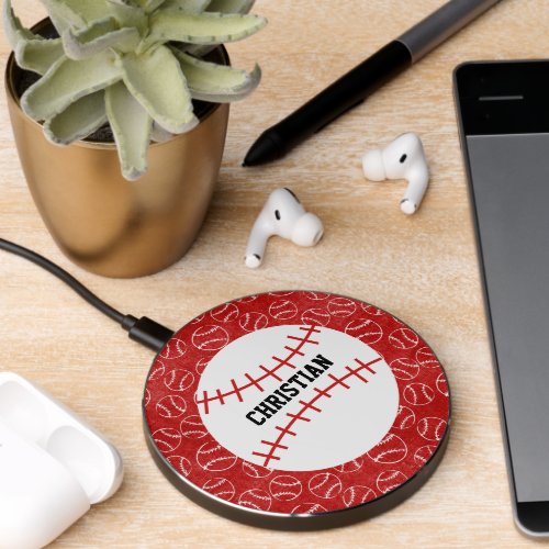 Personalised Red Baseball Pattern with Baseball Wireless Charger