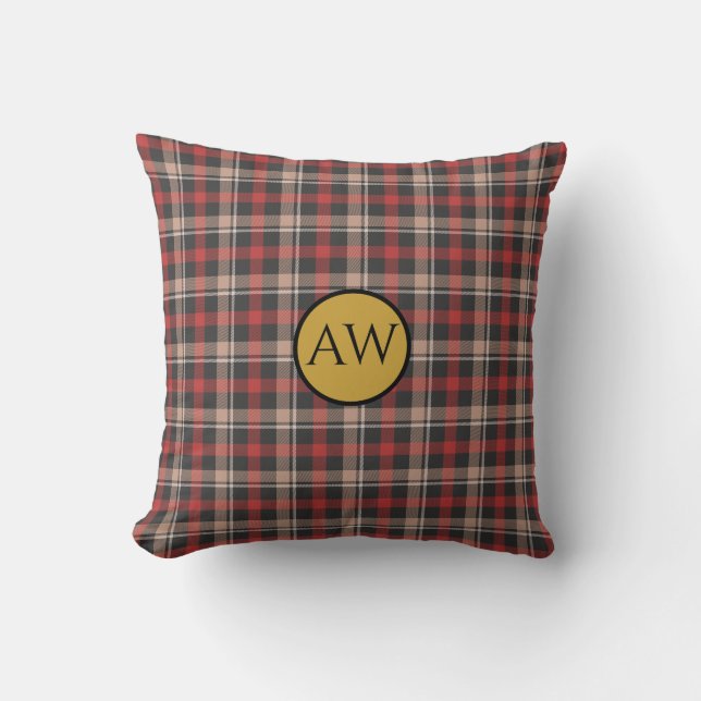 Personalised Red Black and Cream Tartan Monogram Throw Pillow (Front)