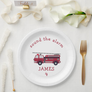 Personalised Red Fire truck Party Paper Plates