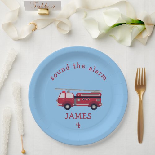 Personalised Red Fire truck Party Paper Plates