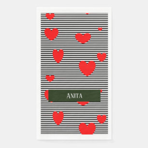 Personalised red hearts and stripes paper guest towels