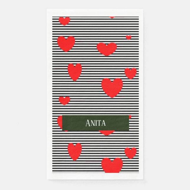Personalised red hearts and stripes paper guest towels (Front)
