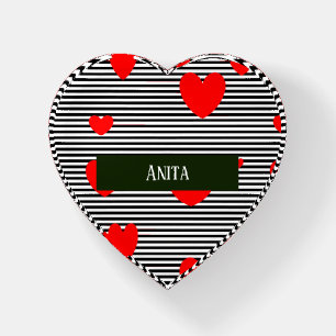 Personalised red hearts and stripes paperweight