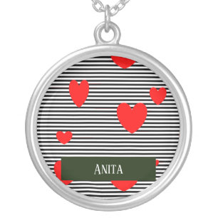 Personalised red hearts and stripes silver plated necklace