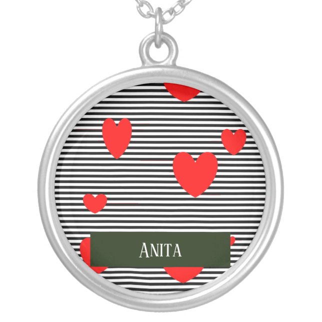Personalised red hearts and stripes silver plated necklace (Front)