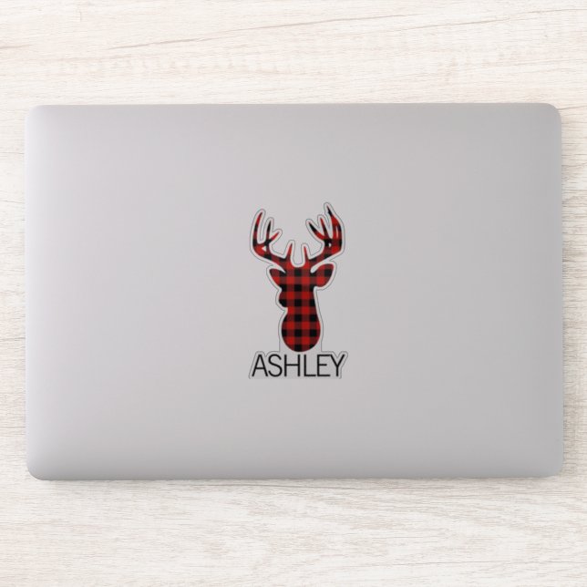 Personalised red plaid deer cutom name Laptop Sticker (Computer)
