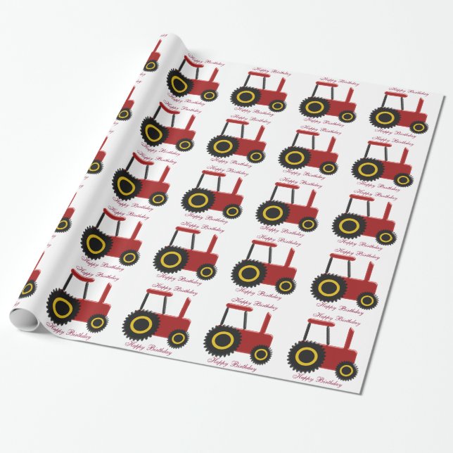 Personalised Red Tractor Birthday Wrapping Paper (Unrolled)