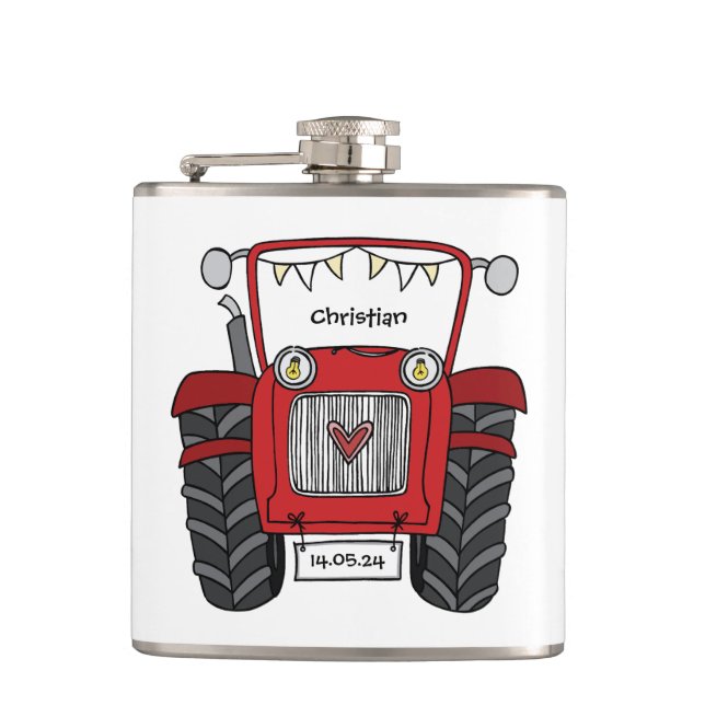 Personalised Red Tractor Country Wedding Gift Flask (Front)