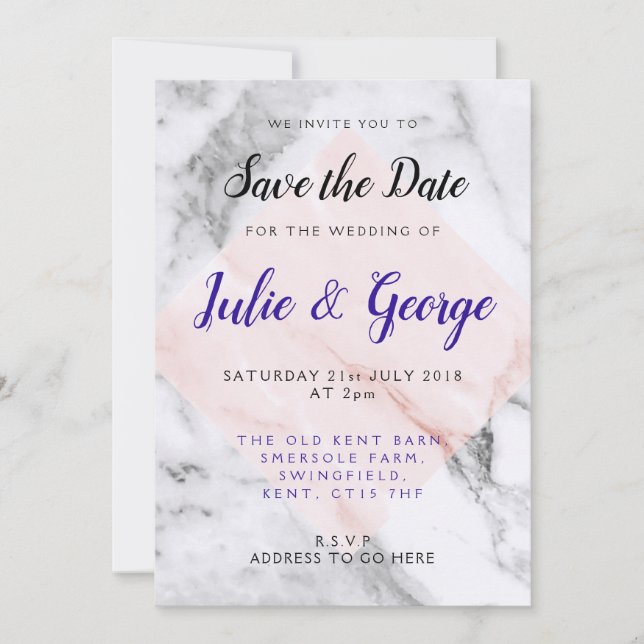 Personalised Rose Gold Marble Save the Date Invitation (Front)