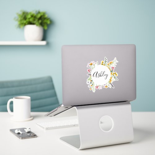 Personalised round Floral Name Laptop Sticker