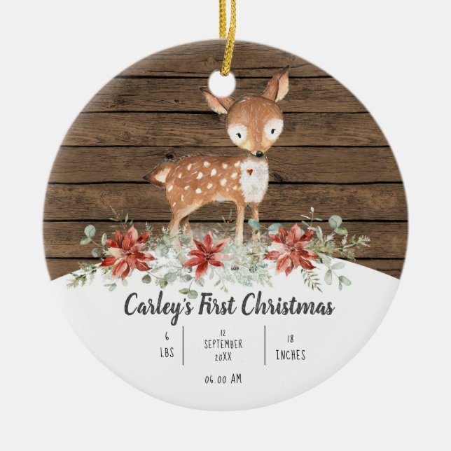 Personalised Rustic Deer Baby First Christmas Cera Ceramic Ornament (Front)