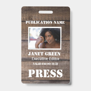Personalised Rustic Photo Journalist  Press Pass Badge