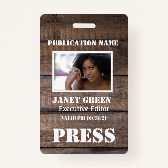 Personalised Rustic Photo Journalist  Press Pass Badge (Front)