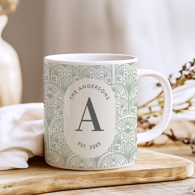Personalised Sage Green Monogram Elegant Art Deco Coffee Mug (Creator Uploaded)