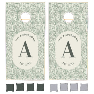 Personalised Sage Green Monogram Elegant Art Deco Cornhole Set