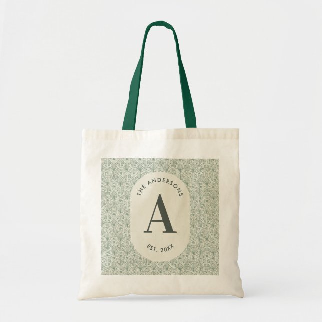 Personalised Sage Green Monogram Elegant Art Deco Tote Bag (Front)