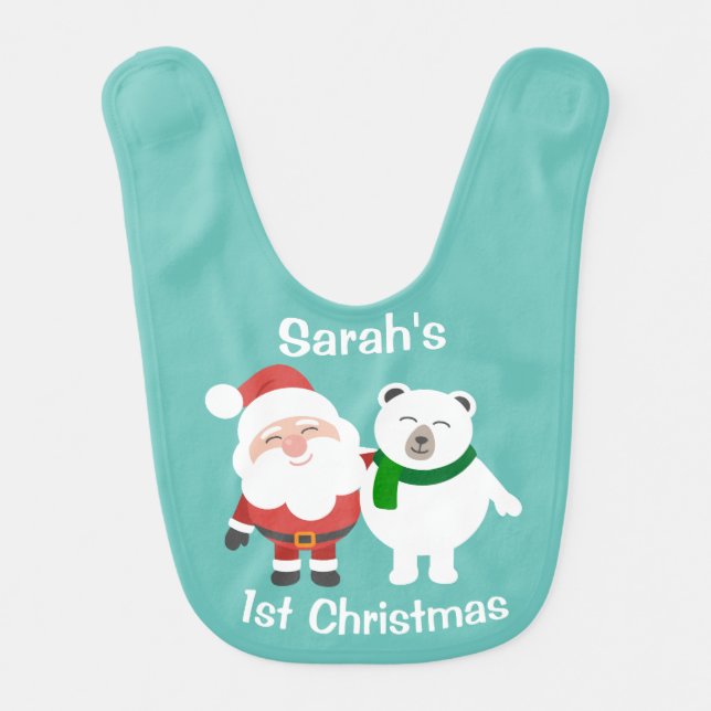 Personalised Santa and Polar Bear 1st Christmas Baby Bib (Front)