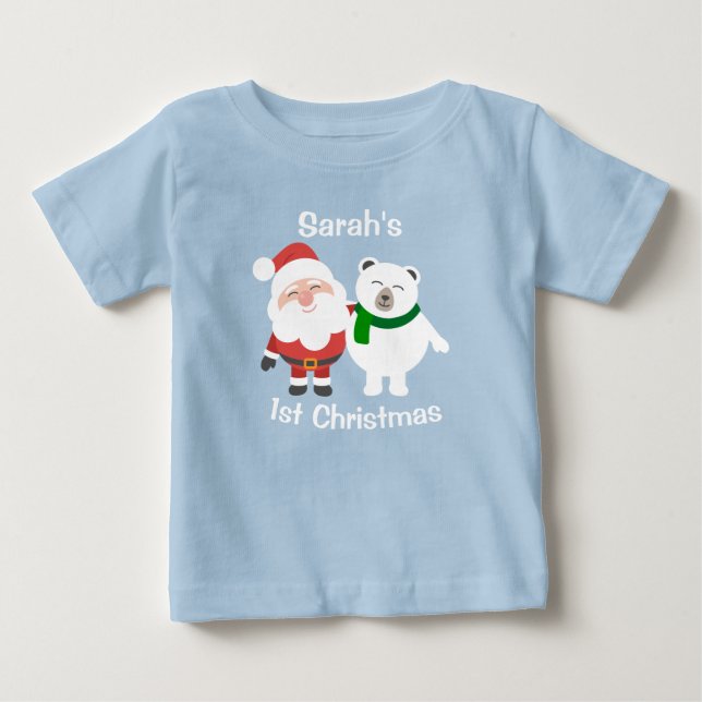 Personalised Santa and Polar Bear 1st Christmas Baby T-Shirt (Front)