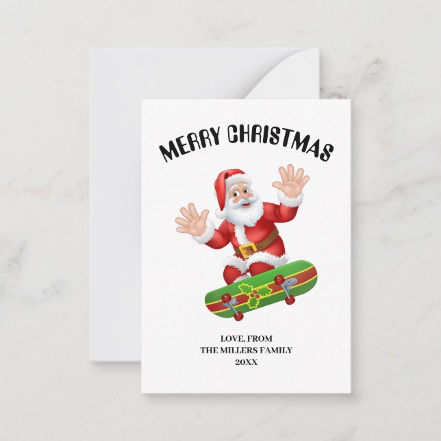 Personalised Santa Christmas Card, Cool Skateboard Note Card (Front)