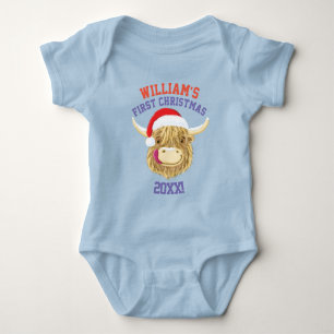 Personalised Scottish Highland Cow First Christmas Baby Bodysuit