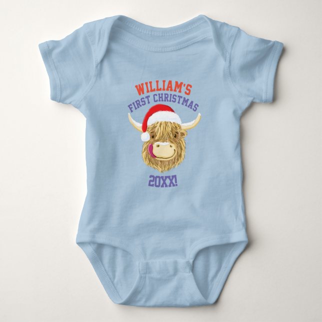 Personalised Scottish Highland Cow First Christmas Baby Bodysuit (Front)
