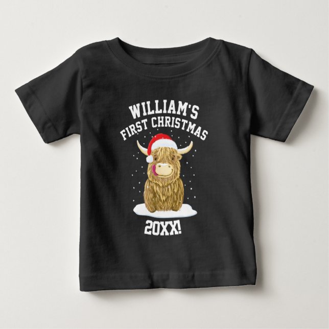 Personalised Scottish Highland Cow First Christmas Baby T-Shirt (Front)