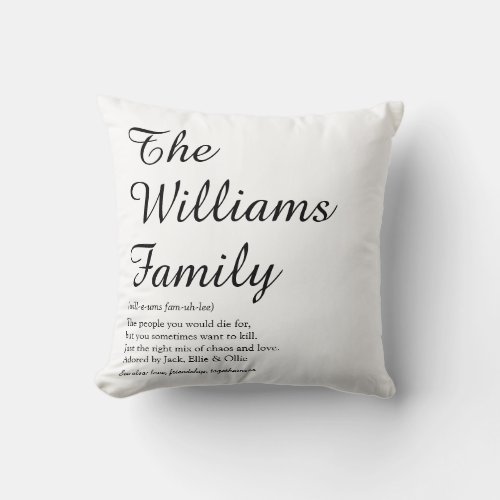 Personalised Script Your Family Definition Throw Pillow